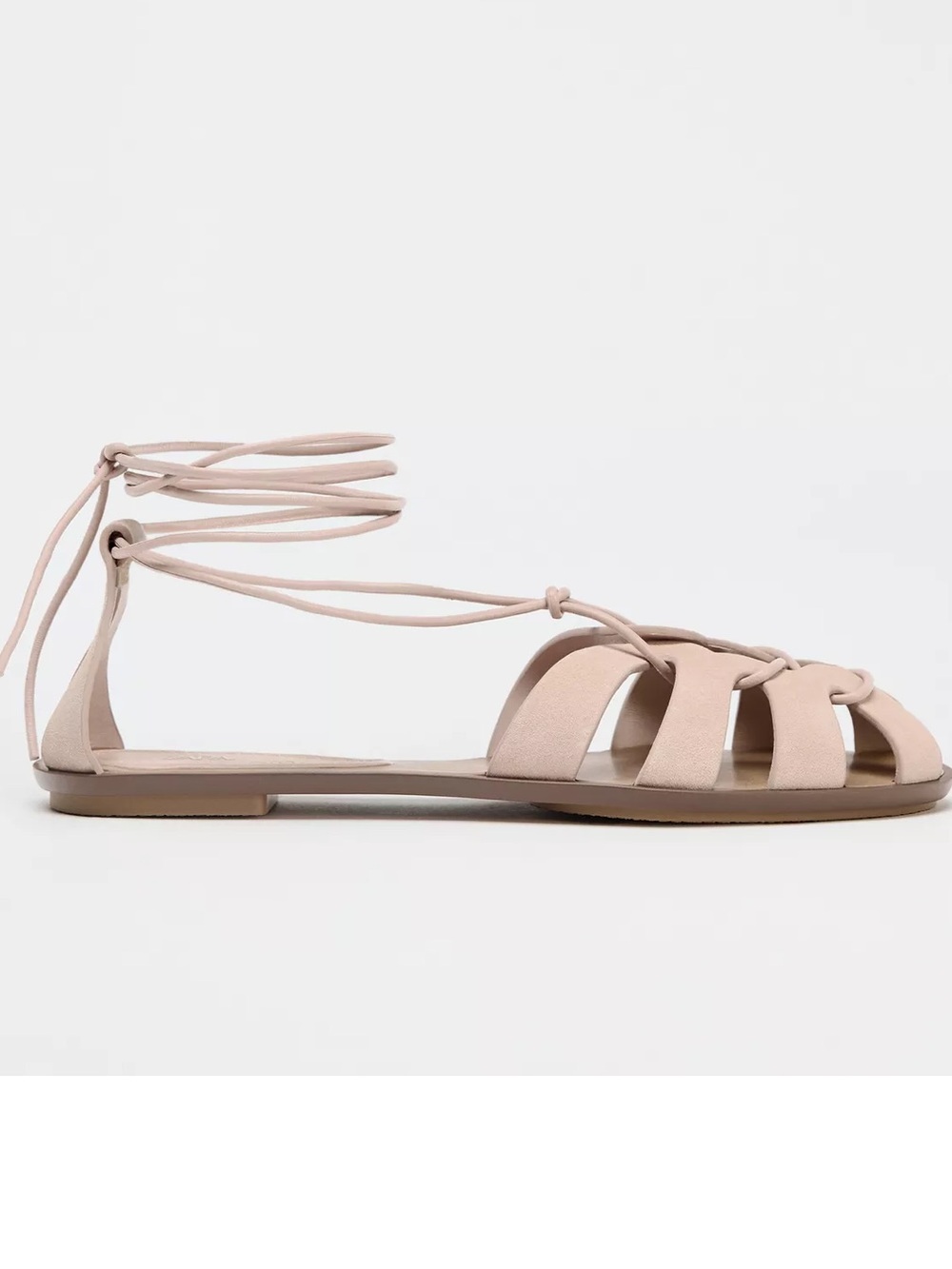 Zara NWT Pink Suede Tied Leather Fisherman Sandals Cage Flat